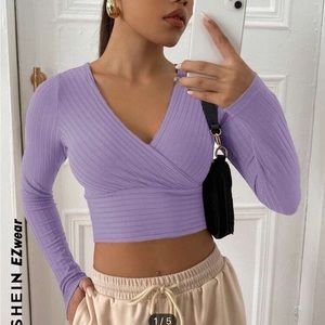 Shein purple surplice neck rib-knit crop tee